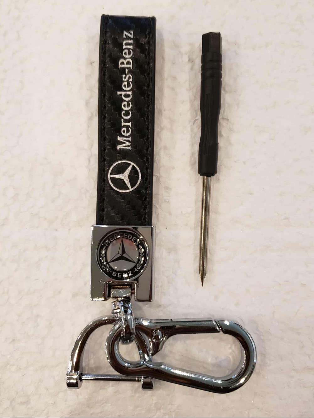 MERCEDES BENZ Carbon Fiber Black & Silver Leather Chrome Keychain